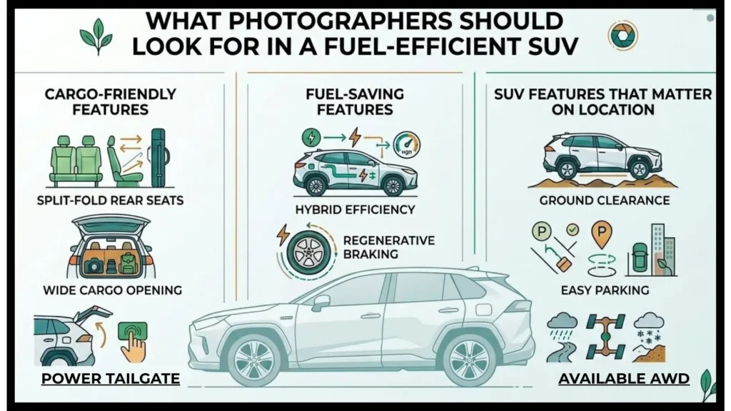 Infographic showing key features photographers should look for in a fuel-efficient SUV, including split-fold rear seats, wide cargo opening, power tailgate, roof rails, hybrid efficiency, regenerative braking, ground clearance, easy parking, and AWD capability.