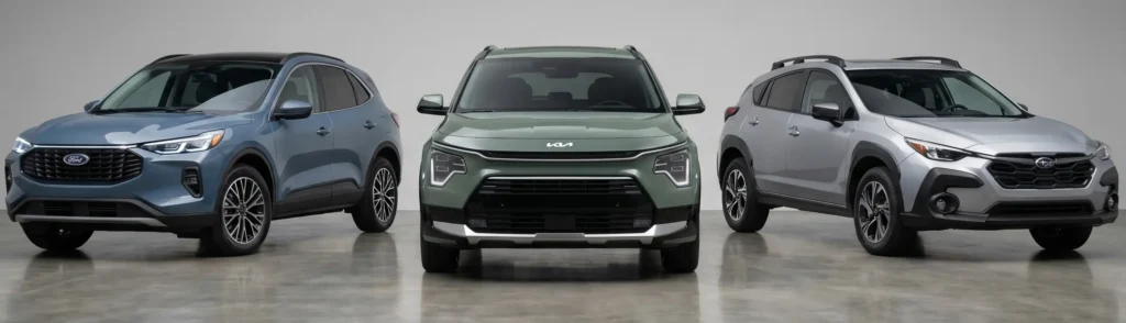 Studio lineup of Ford Escape Hybrid, Kia Niro Hybrid and Subaru Crosstrek Hybrid for photographers comparing fuel-efficient vehicles in 2026
