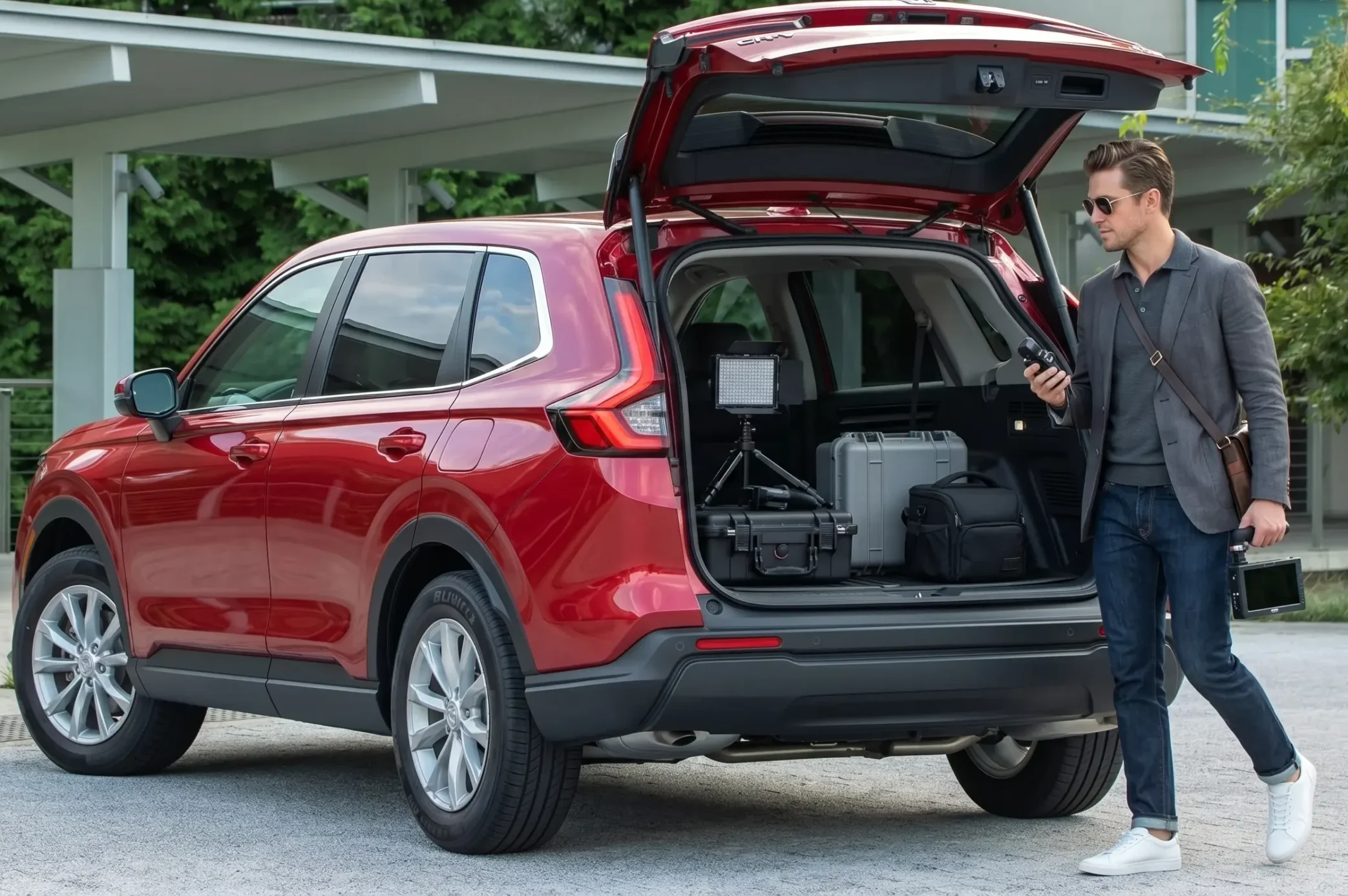 Red Honda CR-V with rear cargo area open, showing photography gear and a photographer beside the vehicle