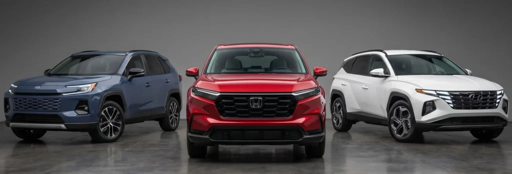 Studio lineup of Honda CR-V Hybrid, Toyota RAV4 Hybrid and Hyundai Tucson Hybrid for photographers on location in 2026