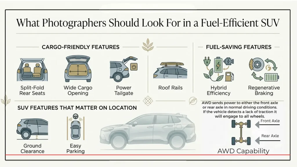 Infographic showing key features photographers should look for in a fuel-efficient SUV, including split-fold rear seats, wide cargo opening, power tailgate, roof rails, hybrid efficiency, regenerative braking, ground clearance, easy parking, and AWD capability.
