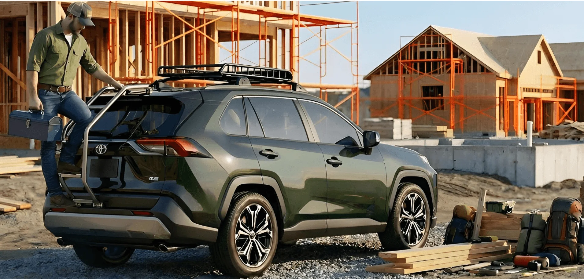 Green Toyota RAV4 fuel-efficient SUV 2026 with cargo space and tools at a construction worksite