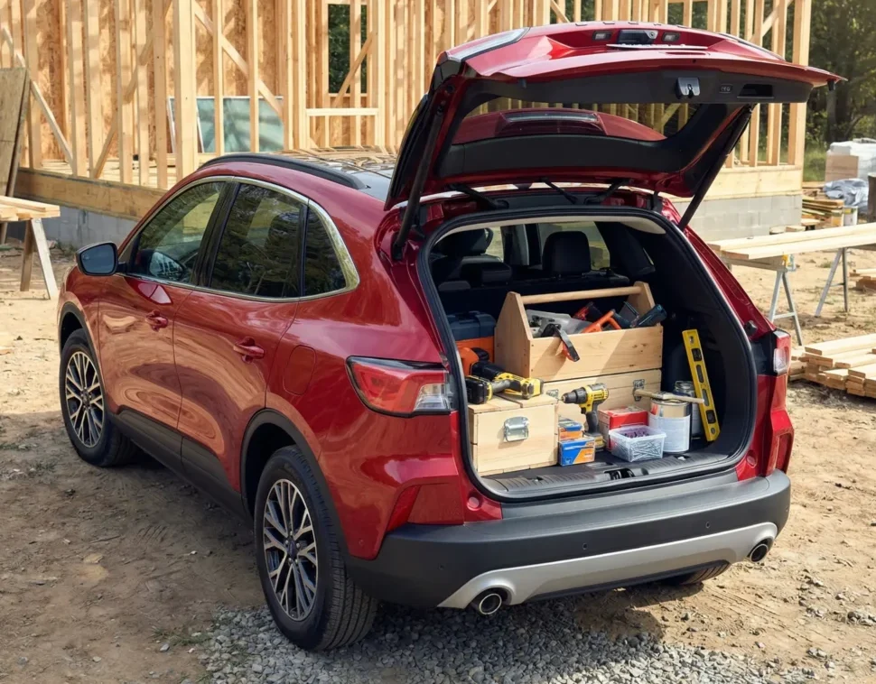 Ford Escape Hybrid 2026 cargo space with tools and optional power liftgate open at construction site