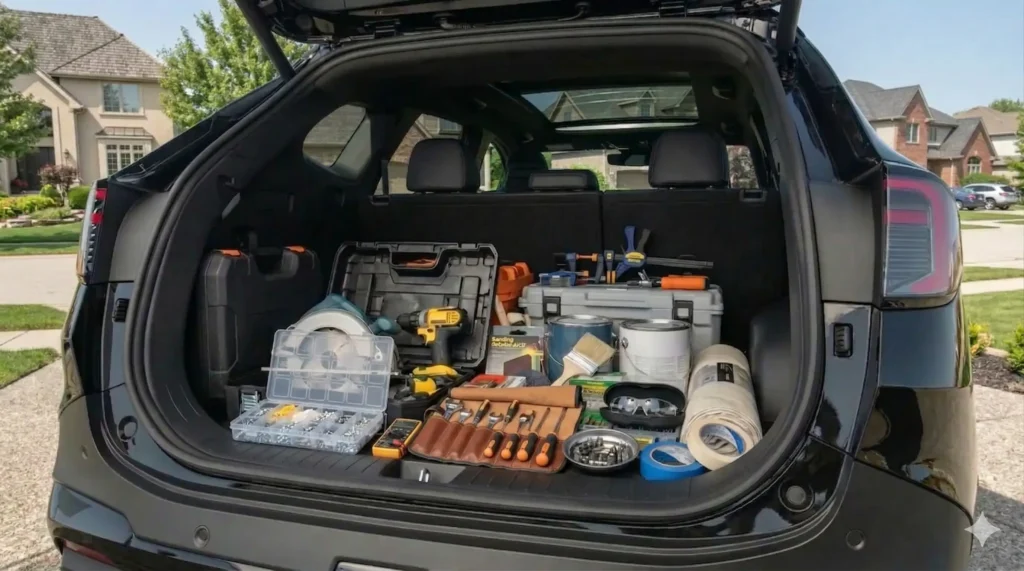 Kia Sportage 2026 cargo space filled with tools and DIY equipment showing practical storage capacity