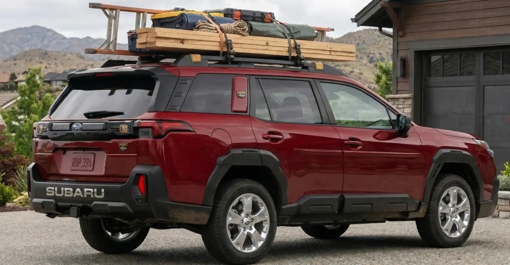 Subaru Outback 2026 fuel-efficient SUV with roof cargo carrying wood planks and gear for DIY projects